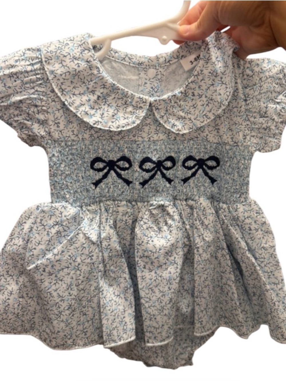 Light Blue Smocked Floral Smocked Baby Dress with Navy Bow Embroidery